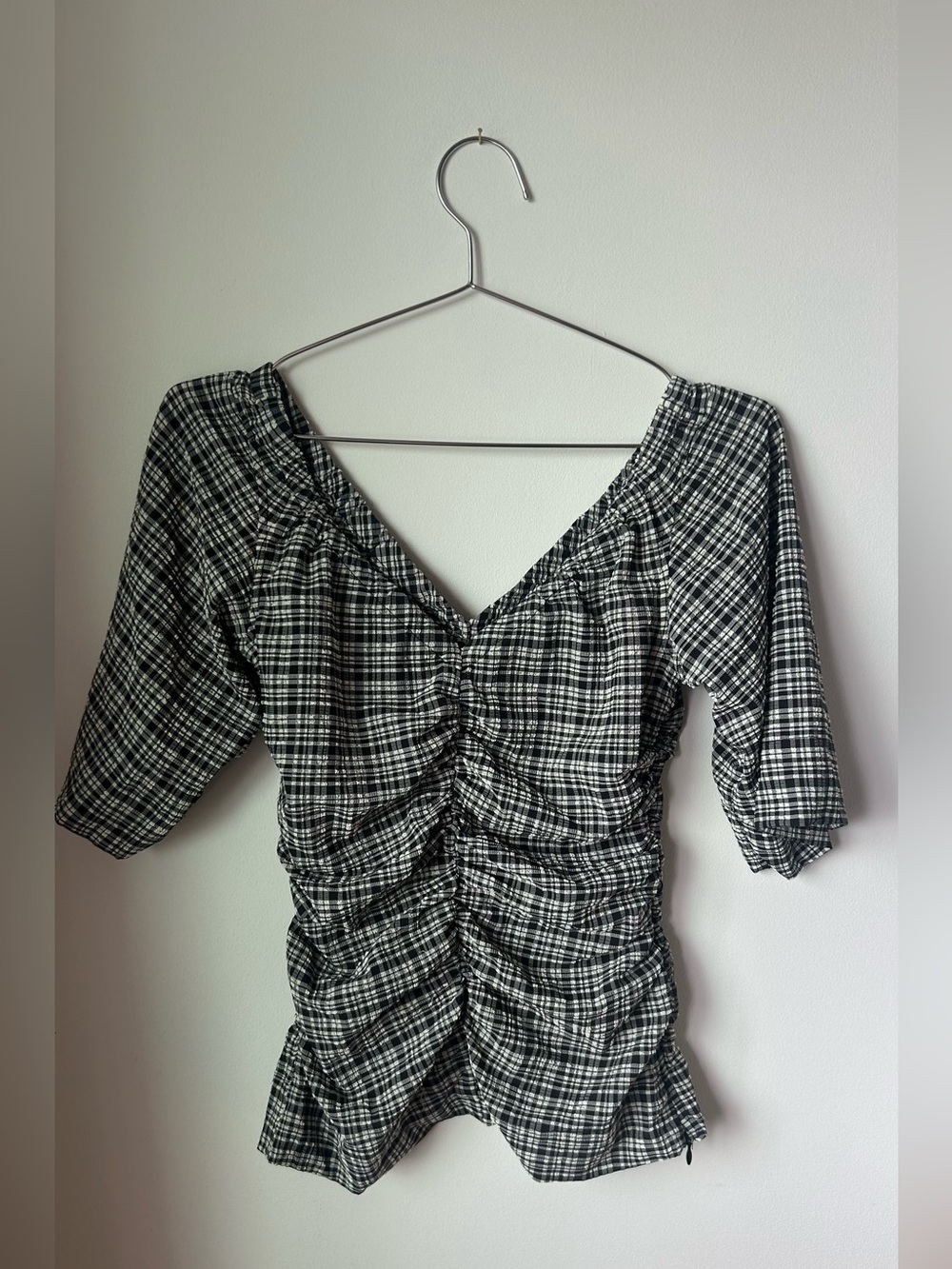 Ganni ruched Plaid top